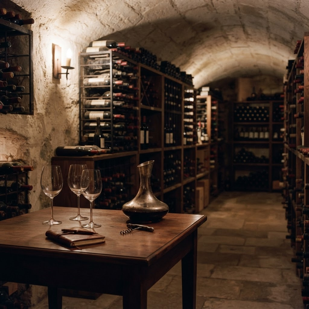 Cave privée de grands vins conservés dans des casiers en bois